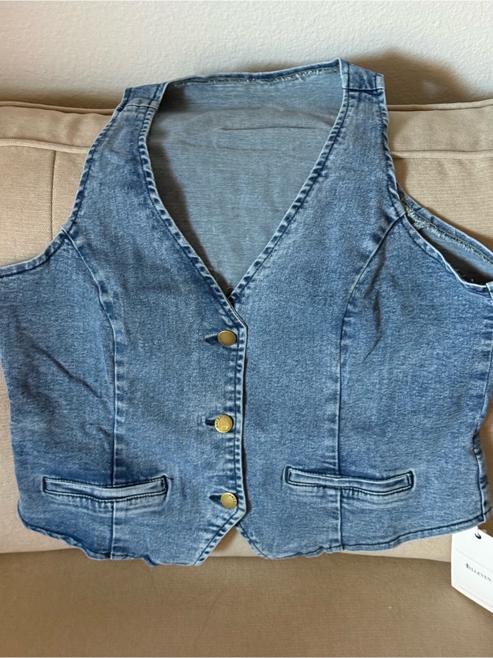 Denim Button Front Vest in Faded Blue
